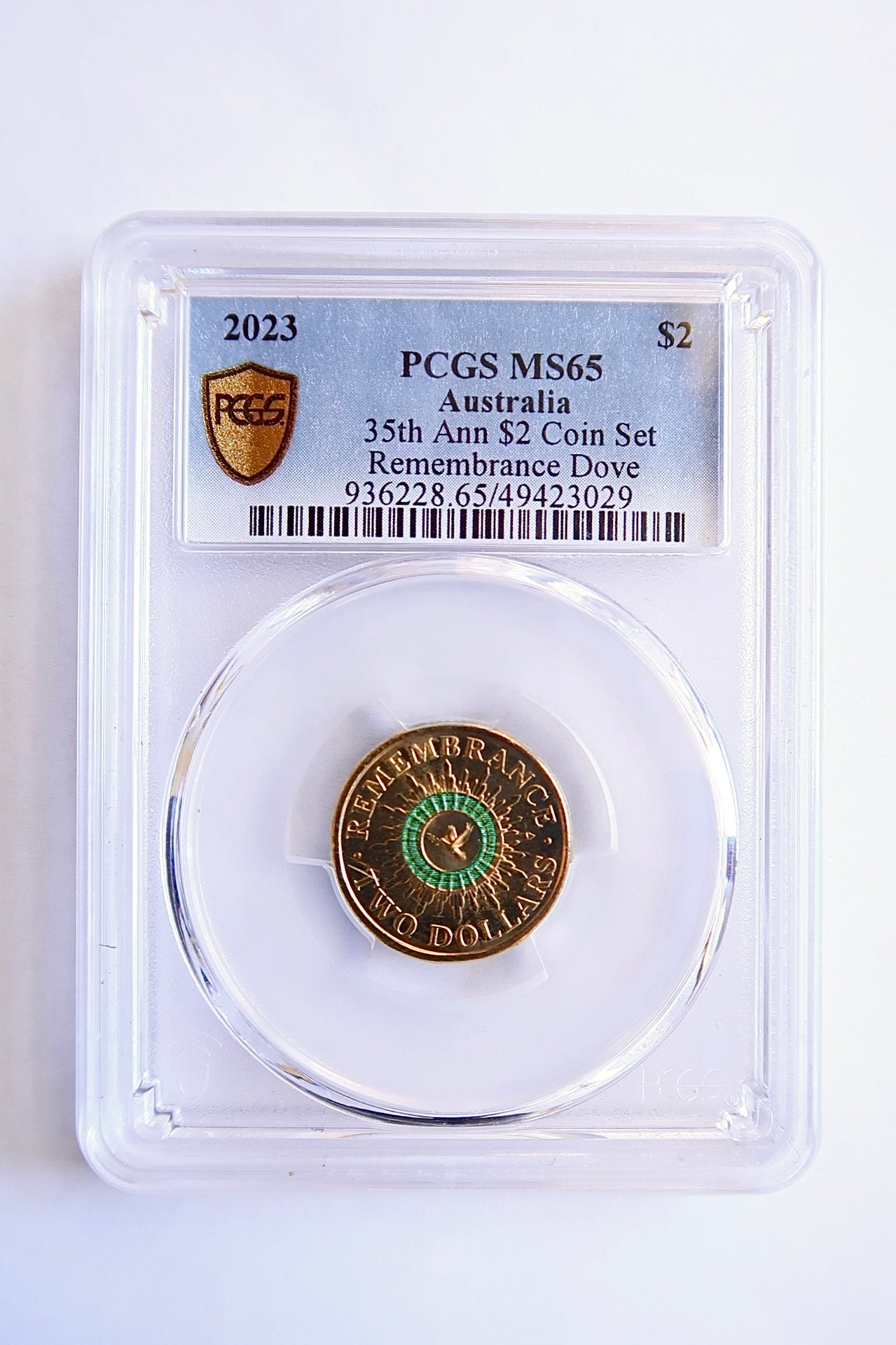 PCGS MS65 Graded 2023 Green Dove $2 Coin